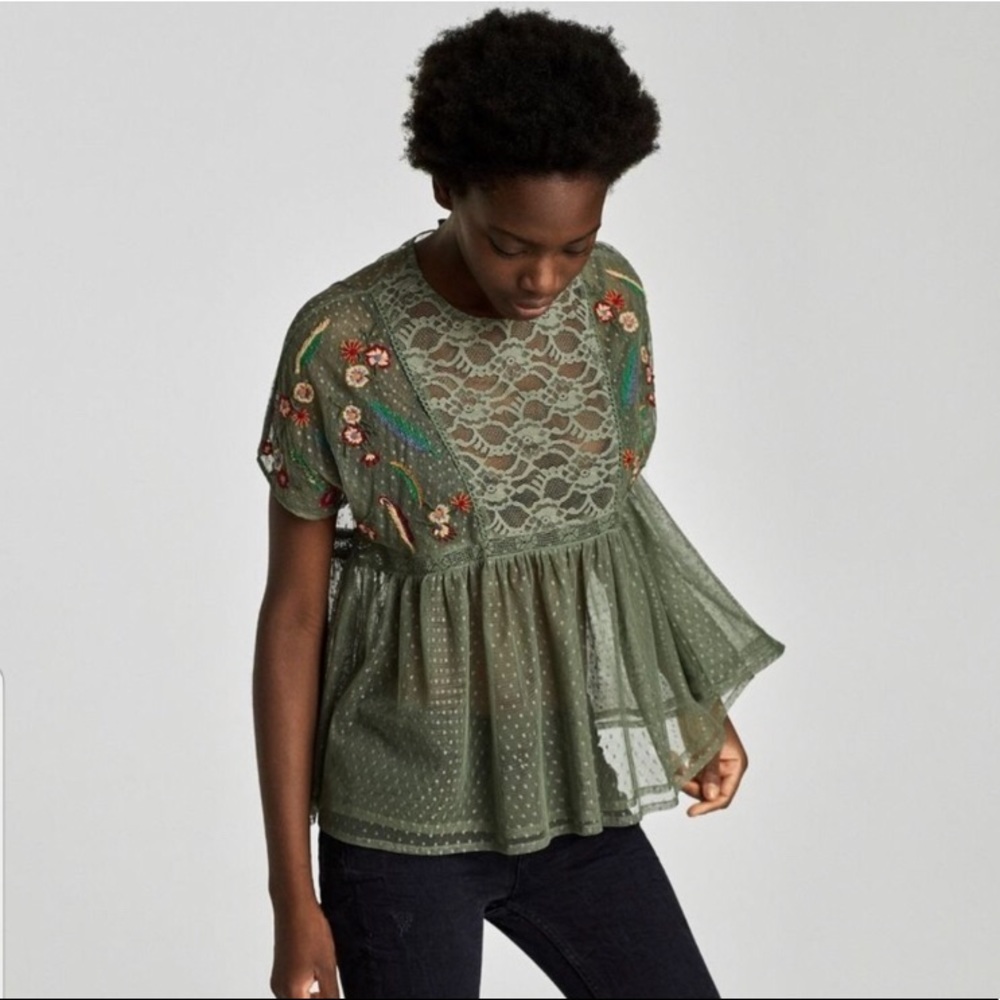 Zara Sheer Lace Embroidered Top NWOT